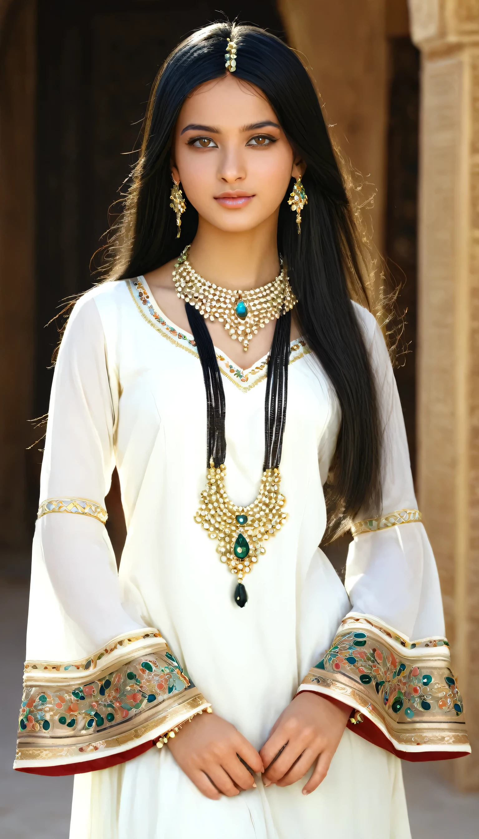 Arab girl in traditional clothes, fashion accessory, embellishment, 1girl, solo, realistic, dress, looking_at_viewer, long_hair, jewelry, black_hair, long_sleeves, necklace