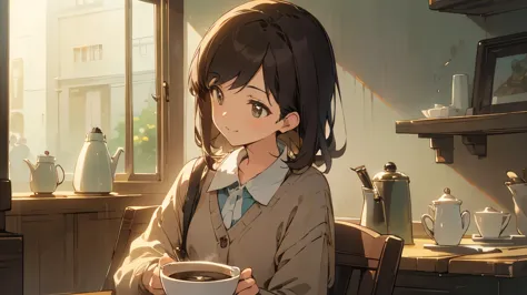 Stylish café、Anime Style、Freshly Brewed Coffee、Delicious looking baked goods、Relaxed atmosphere、Cozy atmosphere、Beautiful girl w...