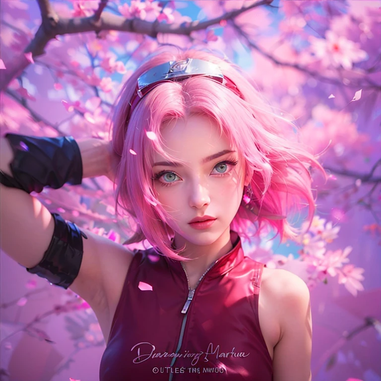 young woman, short shoulder-length pink hair, wide forehead, porcelain skin, pink eyebrows, big emerald green eyes, buttoned nose, full lips, heart-shaped face, slender body, small breasts, red tank top, Sakura Haruno , realistic, realism, details, 3d, well detailed
