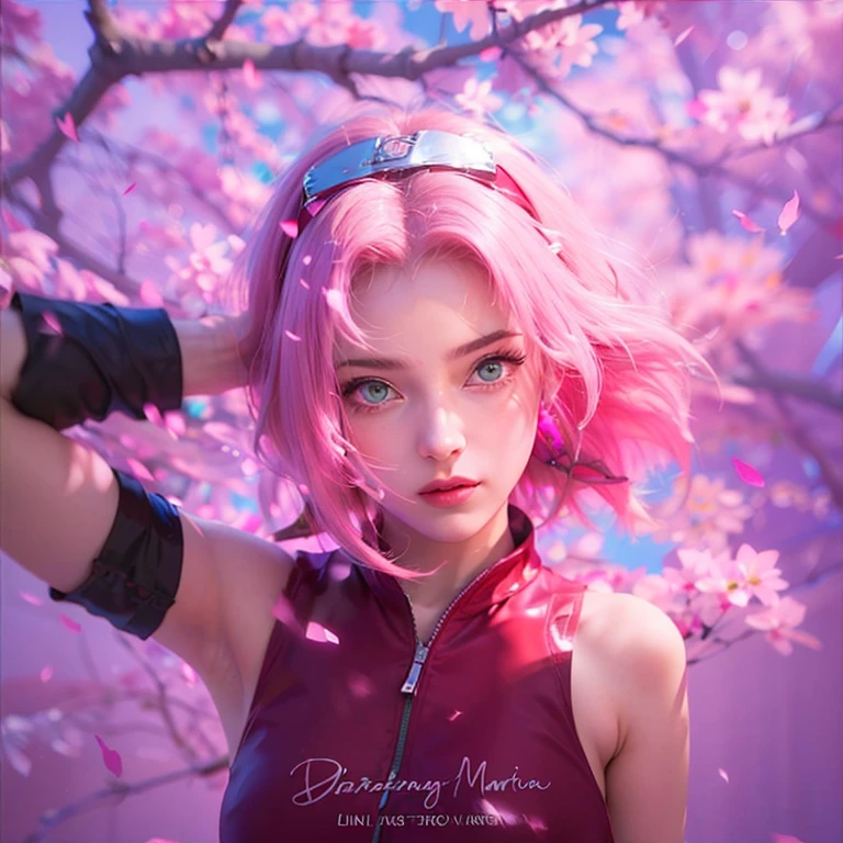 young woman, short shoulder-length pink hair, wide forehead, porcelain skin, pink eyebrows, big emerald green eyes, buttoned nose, full lips, heart-shaped face, slender body, small breasts, red tank top, Sakura Haruno , realistic, realism, details, 3d, well detailed
