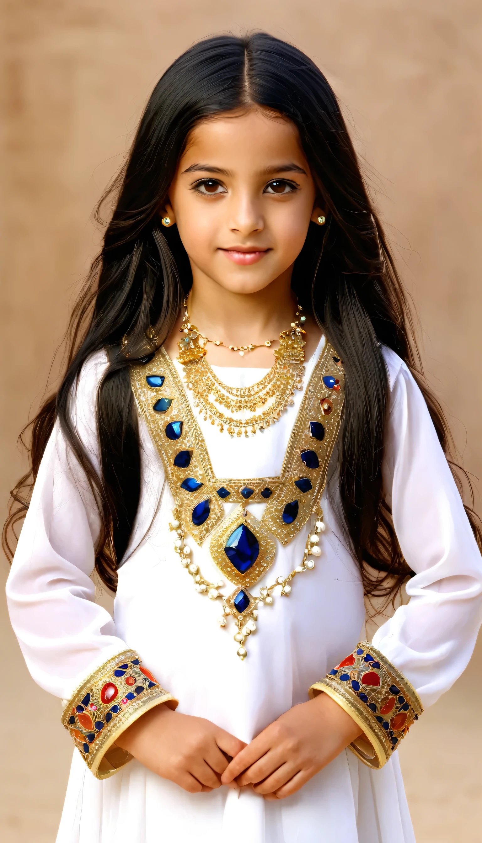6years old Arab girl in traditional clothes, fashion accessory, embellishment, 1girl, solo, realistic, dress, looking_at_viewer, long_hair, jewelry, black_hair, long_sleeves, necklace