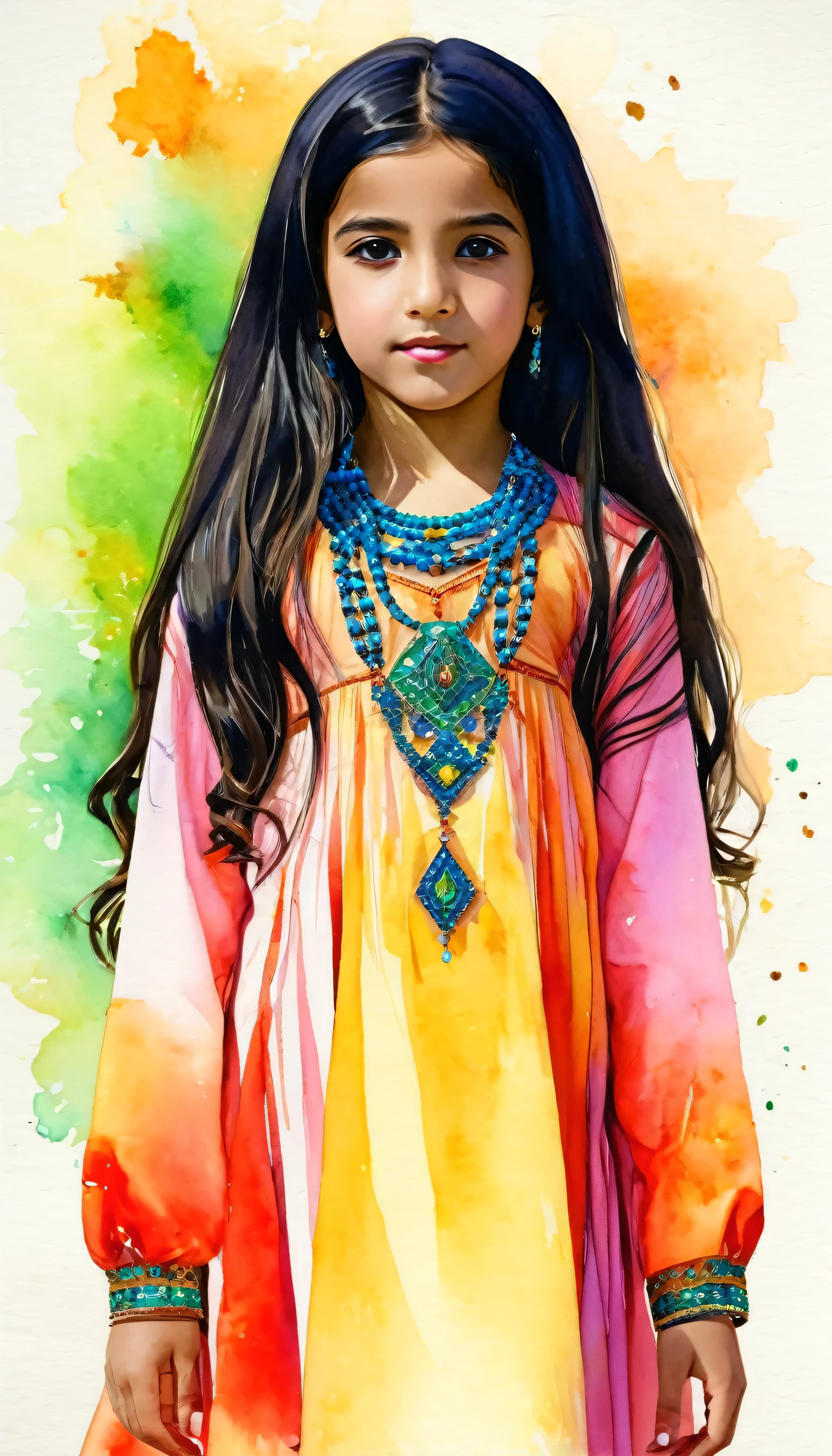 6years old Arab girl in traditional clothes, fashion accessory, embellishment, 1girl, solo, realistic, dress, looking_at_viewer, long_hair, jewelry, black_hair, long_sleeves, necklace, modern art, painting, drawing, watercolor, psychedelic colors