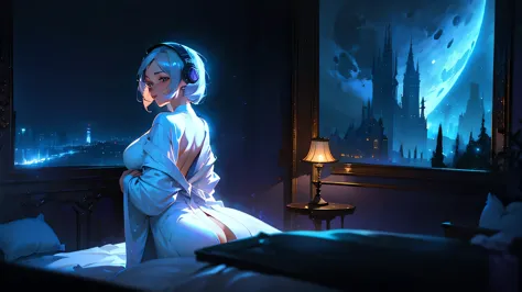 a woman wearing a white bathrobe and headphones is lying on her bed、a beautiful night view behind、big breasts、sexy、room with a n...