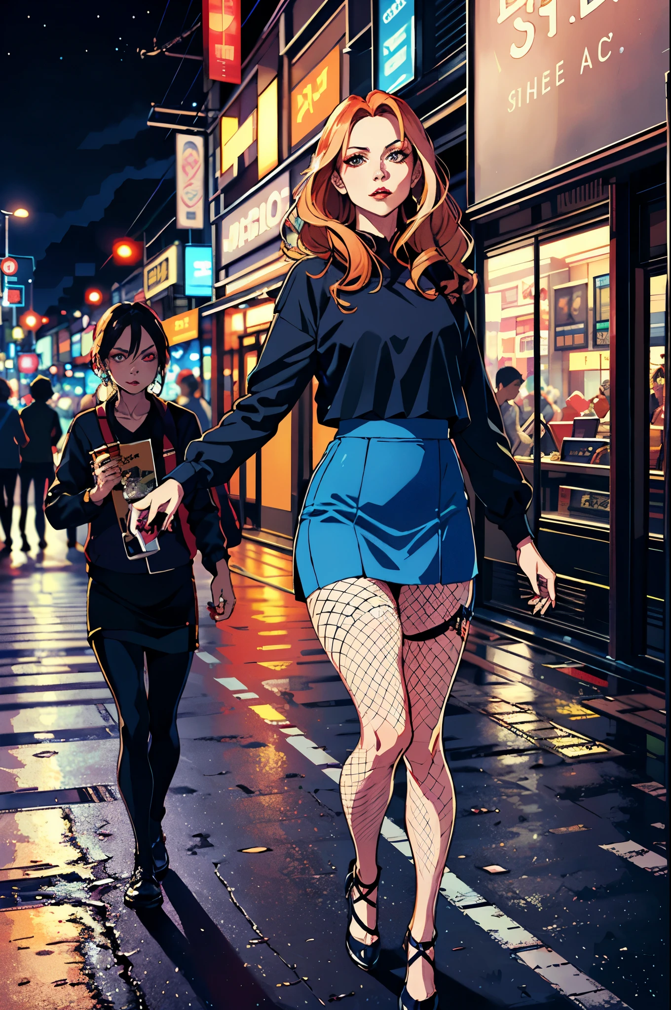 Gates McFadden(age 30, dressed in micro skirt, fishnets, and micro top,  hair and makeup)  is walking the streets of Bangkok at night. she is hungry and flirting