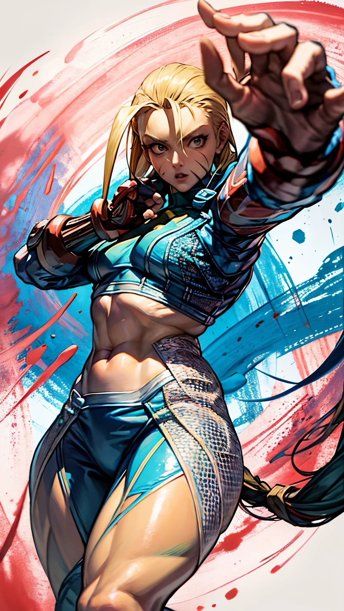 a closeup of a woman dressed in green and red, Cammy, street fighter fighting game character, fighter pose, fighting pose, high quality artwork, fighting pose, gyro zeppeli, Pose rudo, female protagonist, in fighter poses, king of fighters character, she is ready to fight, acaly, video game character art, as a tekken character, Masterpiece, Best Quality, (Extremely detailed CG unity 8k wallpaper), (Best Quality), (best illustration), (best shadow), absurdities, realistic lighting, (Abyss), beautiful detailed shine, arte de PeterMohrBacher