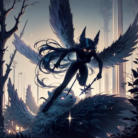 1man, (scary), angel, flying, fantom lancer, spear, forest
