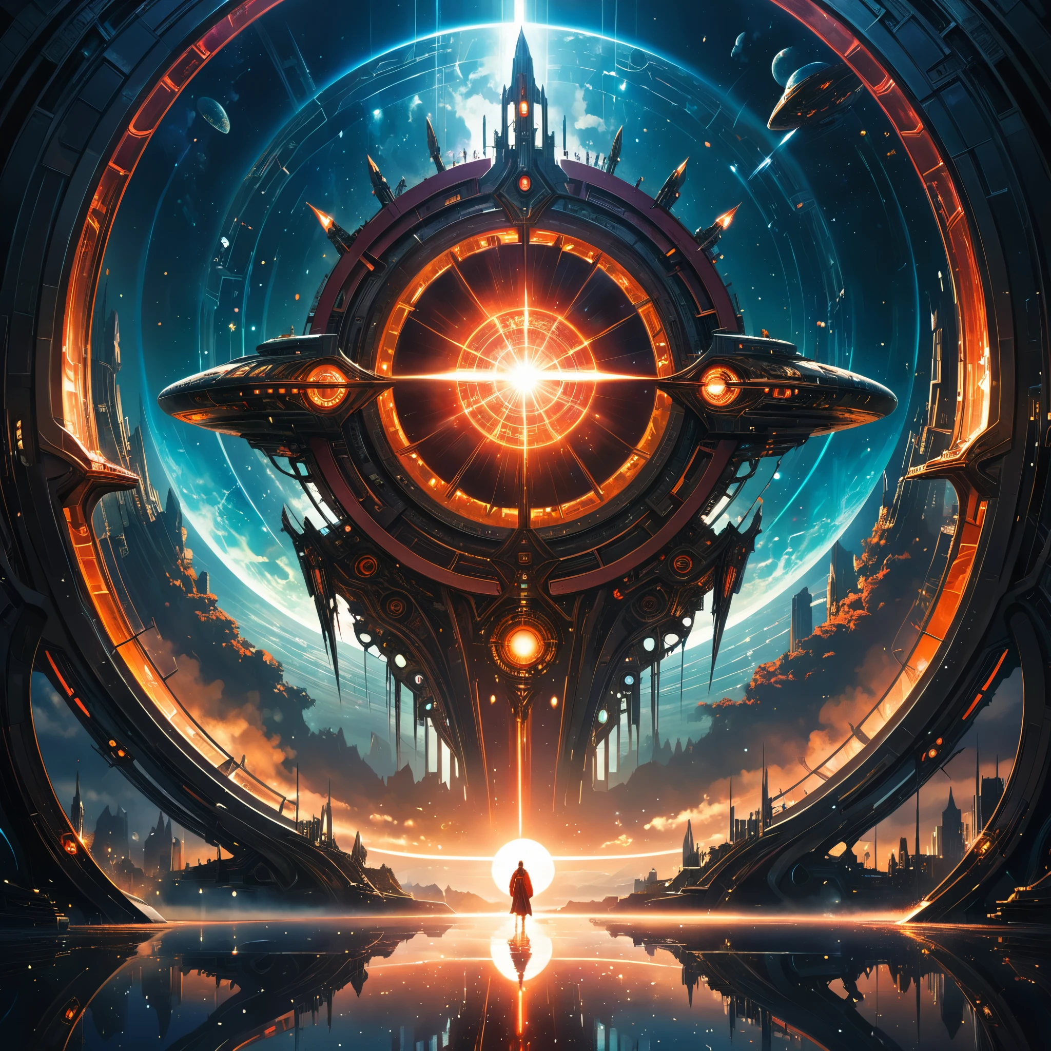 Masterpiece,Best Quality,Hyper Detailed,Cinematic Light,Intricate Detail,Highres,Official Art,Finely Detailed,High Resolution Illustration,8k,Lens Flare,Light Particles,Dark Intense Shadows,Particles,Detailed Background,Detailed Glow,Detailed Reflection,Detailed,Mysterious Landscape Photography, Incredible futuristic starship images appear on the Miracle portal, shadowy, atmospheric, dark colors,Aaron Horkey's painting depicting,powerful portal to another world,The huge starship is on the other side of the portal，The smooth lines reflect the superb architectural technology of the time., Every detail should be clear, Every refraction should be detailed and exquisite, Glass-based material, Make the whole building complex look very gorgeous,red,dark red color palette