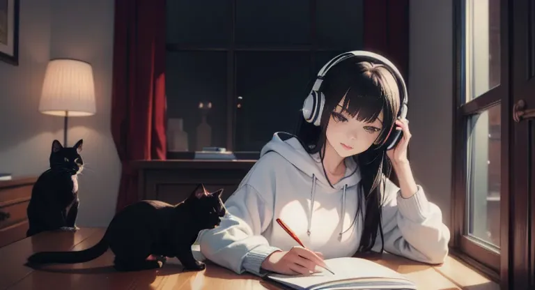 black hair　long hair　an adult woman is studying in her room, large room　listening to music through headphones, looks very comfor...