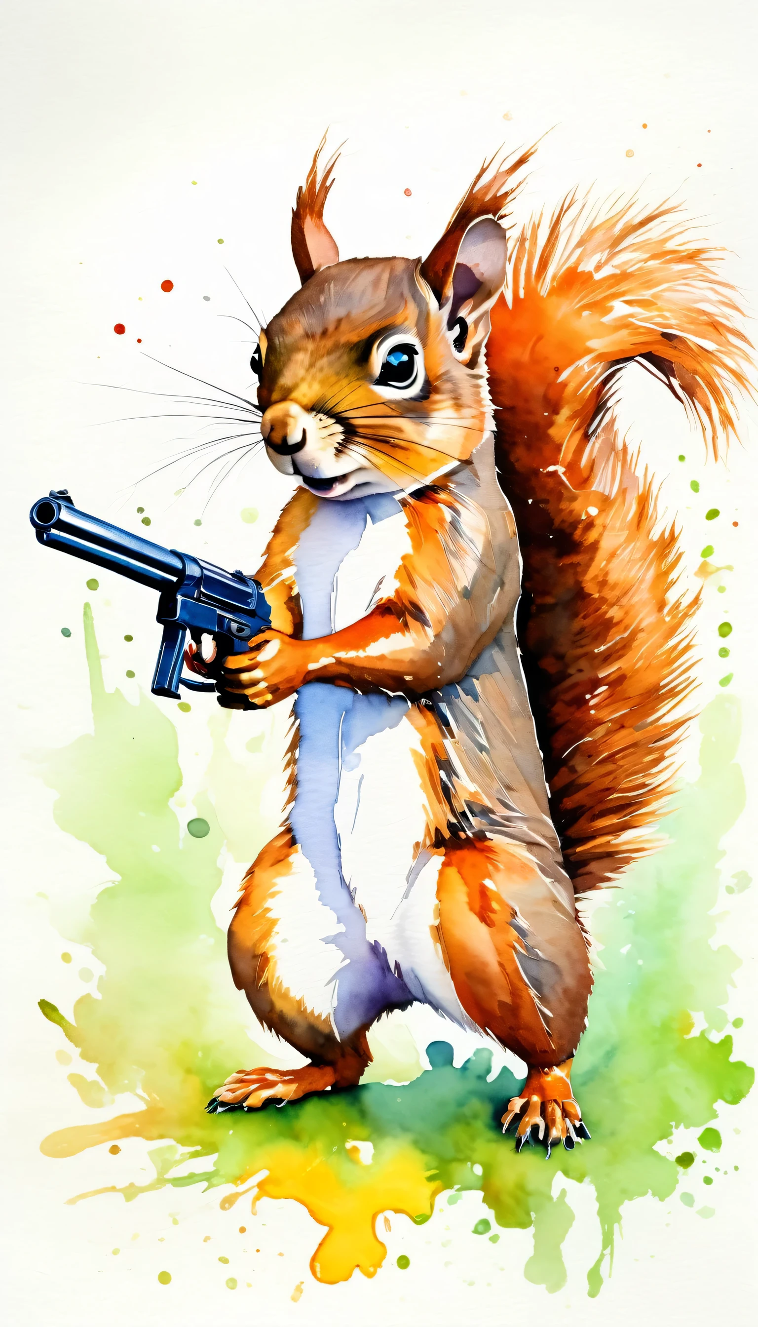 funny a squirrel as bandit holding a gun, no_humans, realistic, animal_focus, animal, solo, modern art, painting, drawing, watercolor, psychedelic colors