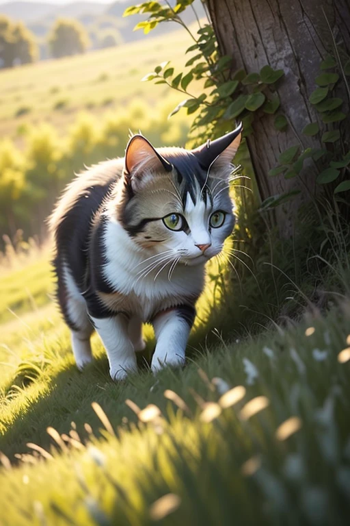 Calico cat eating grass, Grassland atmosphere - SeaArt AI