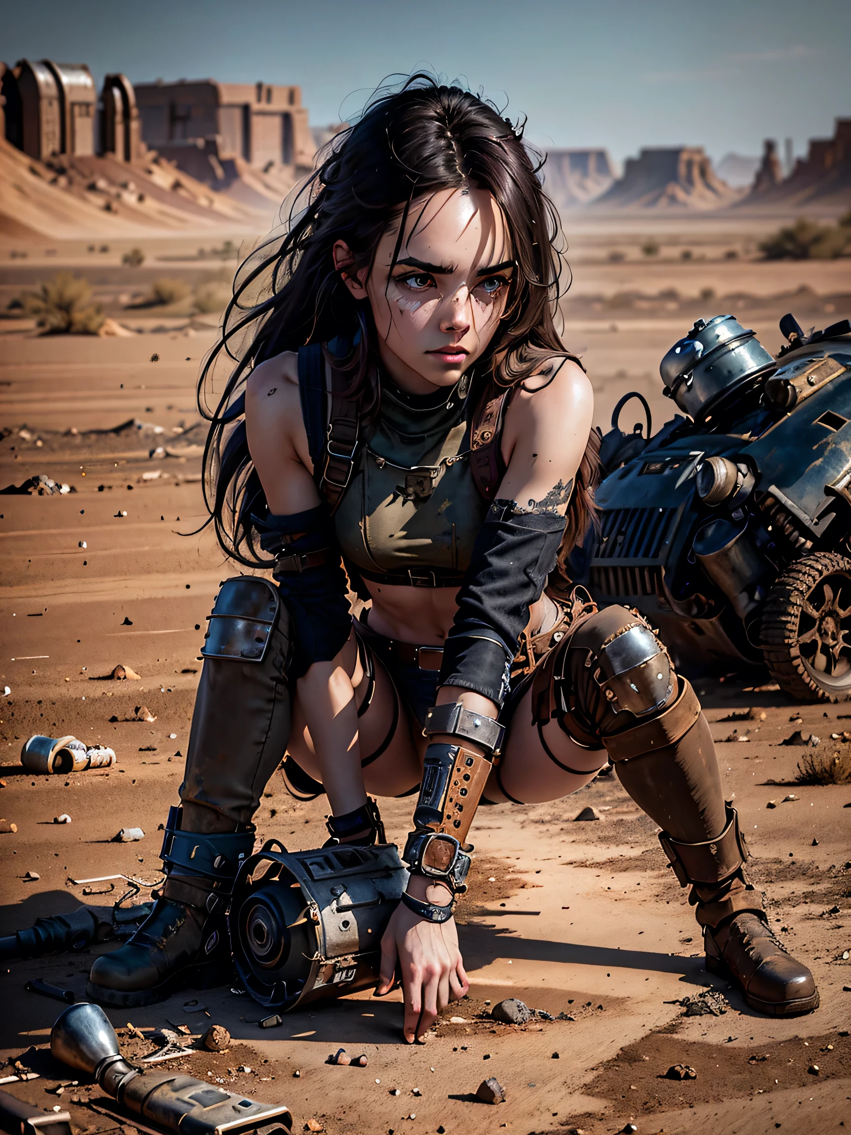 1girl, (solo:1.2), [slim], (small chest), pale skin, ((detailed eyes)), (bokeh effect), (dynamic angle), dynamic pose, (deserted wasteland:1.3), (long hair:1.4), (dark hair:1.4), leather jacket, ripped jeans, high boots, (backpack), (dark and cloudy sky), dirty hair, (wasteland desert:1.4), dirty hair, ((masterpiece)) close up shot, (Bend down to collect the metal junk on the floor:1.4)