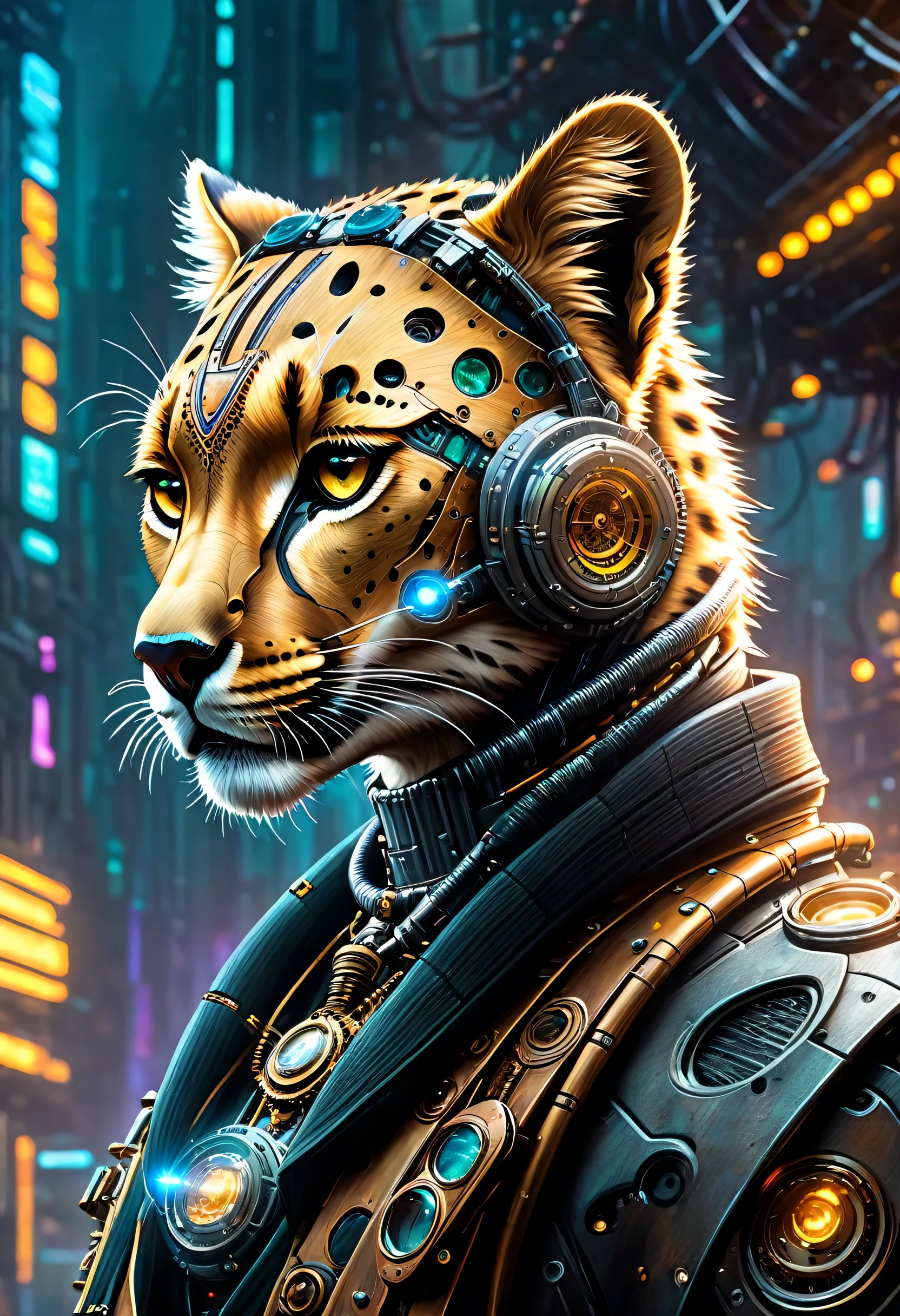 "(((cyber cheetah))) adornado con elementos steampunk, blending perfectly into a cyberpunk environment, (misterioso) y (dystopian) ambiente, (Obra maestra) del arte digital