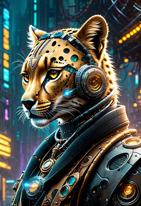 "(((cyber cheetah))) adornado con elementos steampunk, blending perfectly into a cyberpunk environment, (misterioso) y (dystopia...