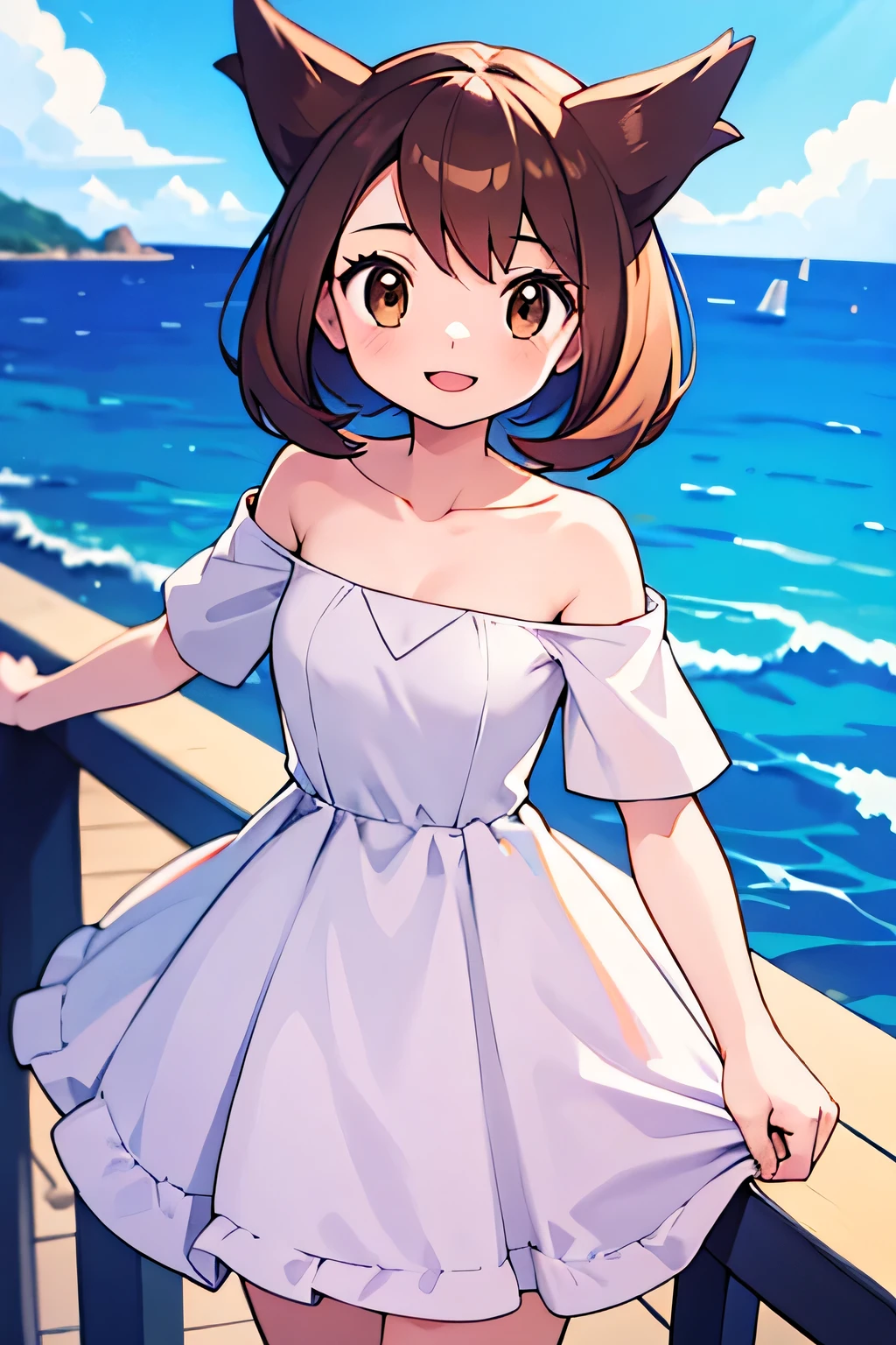 1 girl, solo, Pokemon Heroes (Bianca), Brown Hair, brown eyes, bare shoulders, strapless, off shoulders, white ruffle off the shoulder maxi dress, smile, ocean, cliff, railing, cowboy shot, facing viewer,, absurdres, ultra detailed, masterpiece, best quality, Teenager, pokemovies,