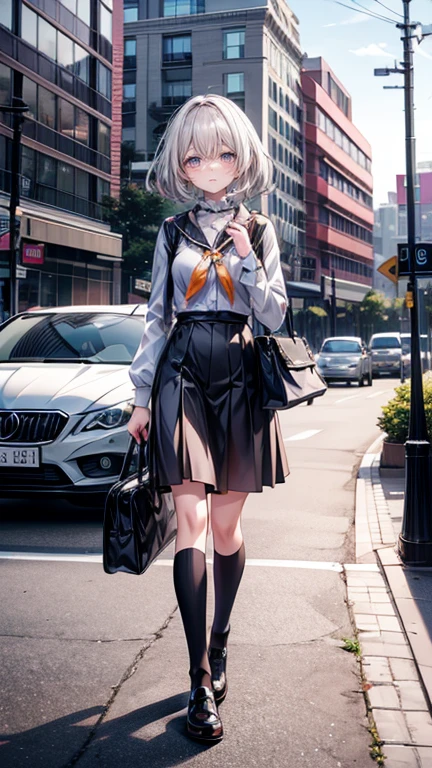 best quality,masterpiece,Delicate face,1 girl,Solitary，（full-body shot：1.5），1 Girl, permanent, Deadline_hiDeadlinex style, house, Uniforms, bag, Double tail, car, carrying bag