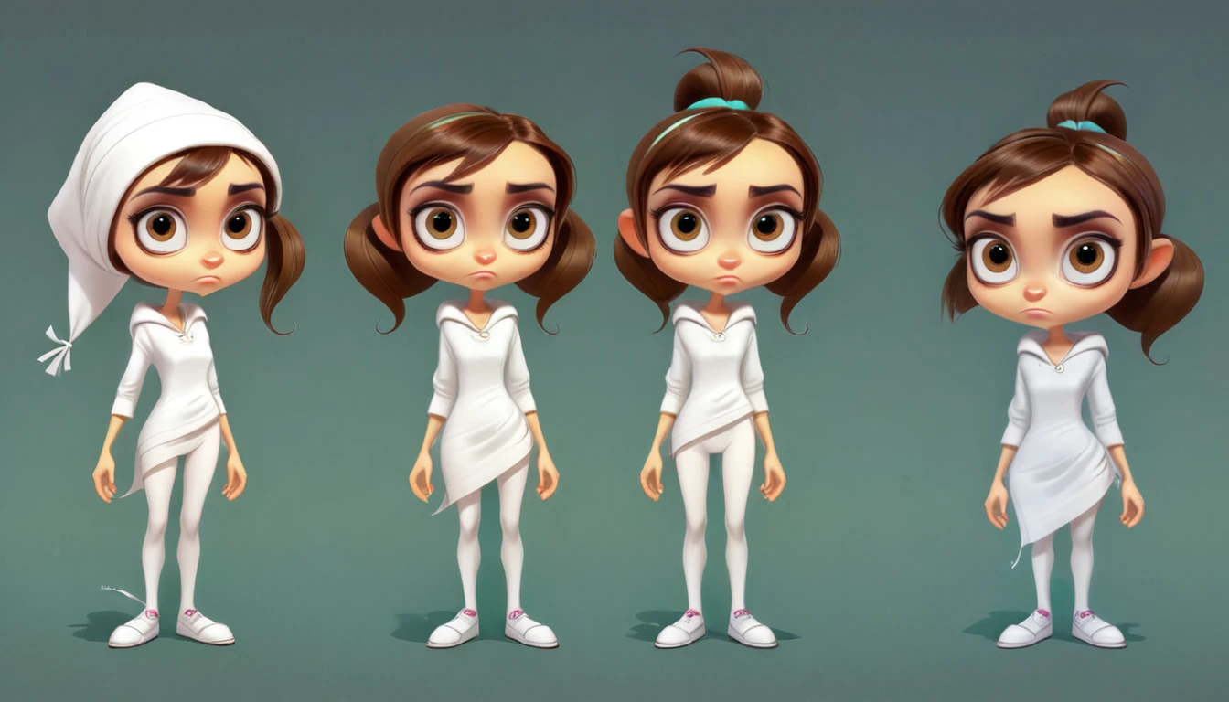 Character sheet of ghost type cartoon character, big head,big eyes,,white tail, full body turnaround ,white cloth ,attitude eyes big , white and brown ,
