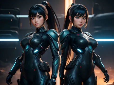 (zero set:1), (samus:1), (black sci-fi suit:1), (black suit:1.2), by rubio, long ponytail, (tactical clothing), (sosteniendo un ...