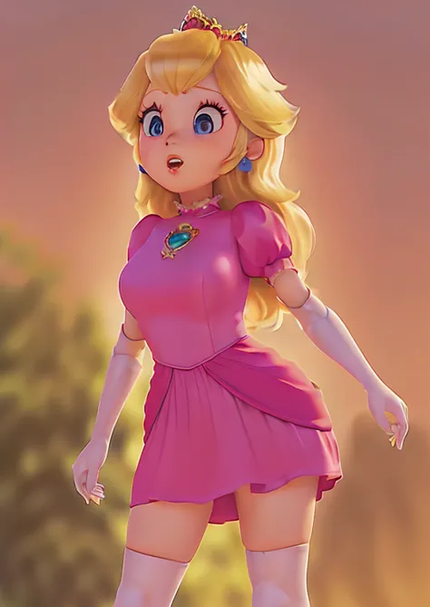 3D render, pixar style, Princess_Peach, sideboob, topless, large breasts, looking down, thick thighs, THICK, cameltoe, skin inde...