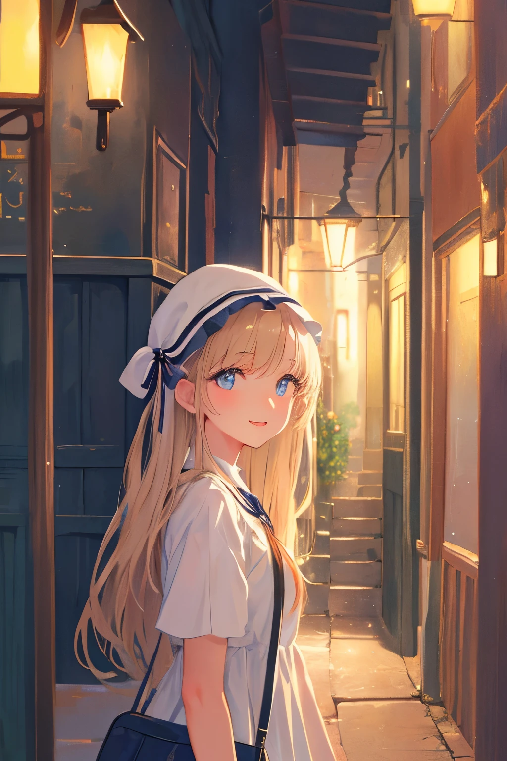 Create a high-quality illustration featuring a beautiful girl attempting to open a door in a nostalgic alleyway. The illustration should evoke a strong sense of nostalgia, with intricate details and meticulous attention to every element. From the textures of the door and the surrounding environment to the expression on the girl's face, every aspect should be carefully crafted to immerse the viewer in a nostalgic atmosphere. best quality, masterpiece, expressive eyes, gorgeous, vivid, perfect face, smile, happyness, 2eyes, emotion, detailed pupils, vivid pupils,stunning, life, relfection, peace, warm, compsition, artistic, 4k, wallpaper, bonnet, wind, glowing eyes