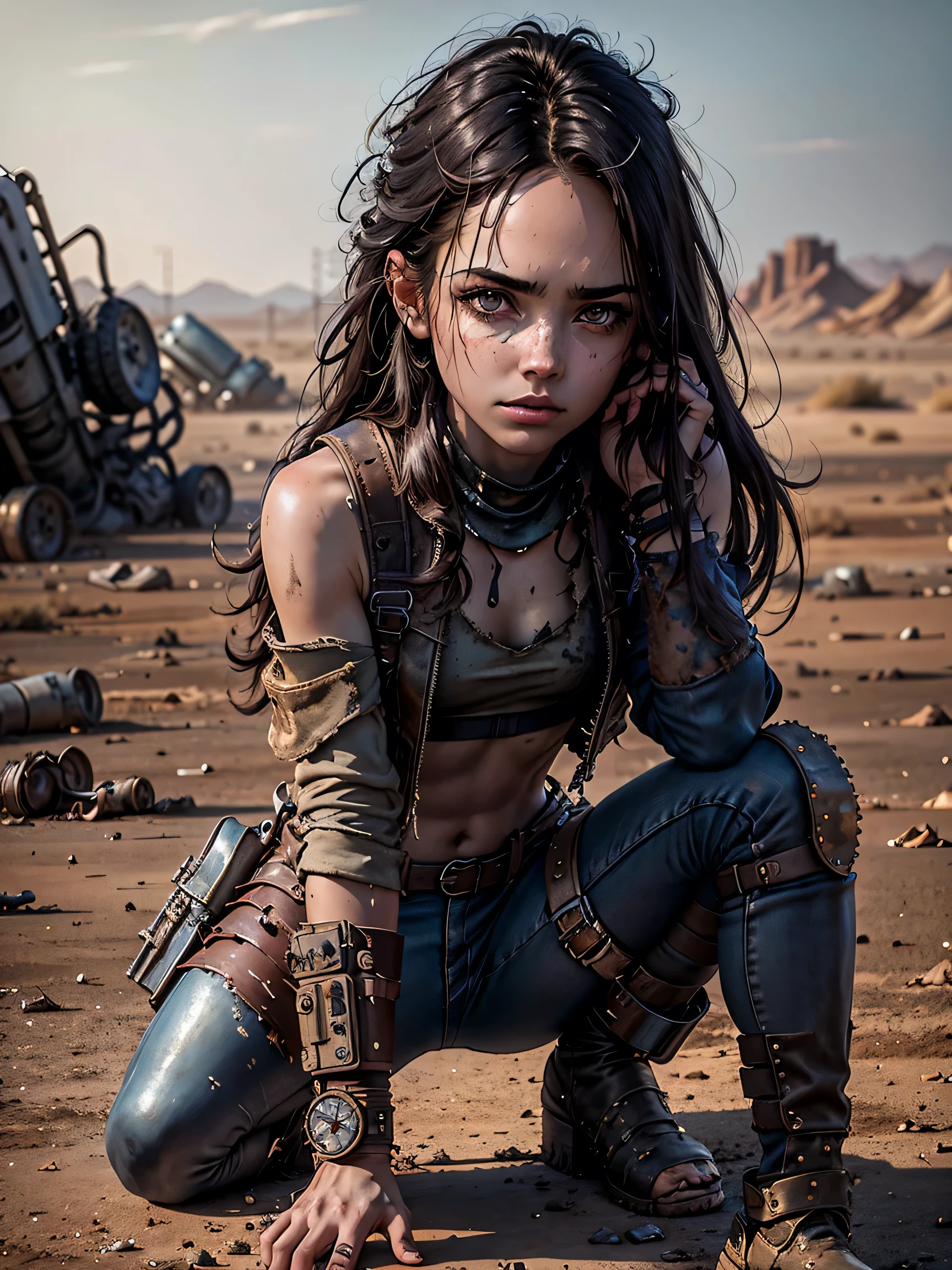 1girl, (solo:1.2), [slim], (small chest), pale skin, ((detailed eyes)), (bokeh effect), (dynamic angle), dynamic pose, (deserted wasteland:1.3), (long hair:1.4), (dark hair:1.4), leather jacket, ripped jeans, high boots, (backpack), (dark and cloudy sky), dirty hair, (wasteland desert:1.4), dirty hair, ((masterpiece)) close up shot, (Bend down to collect the metal junk on the floor:1.4)