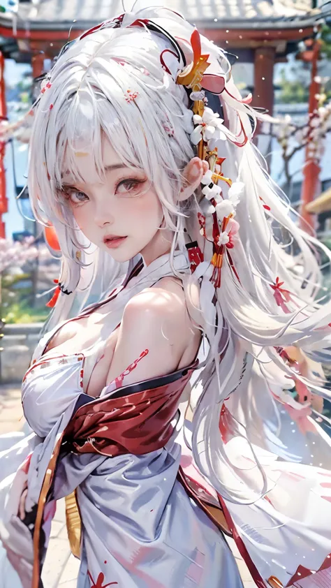 ((Styled white hair:1.5))(A shrine maiden dressed in beautiful shrine maiden clothes:1.3), Symmetric, (highest quality, Realisti...