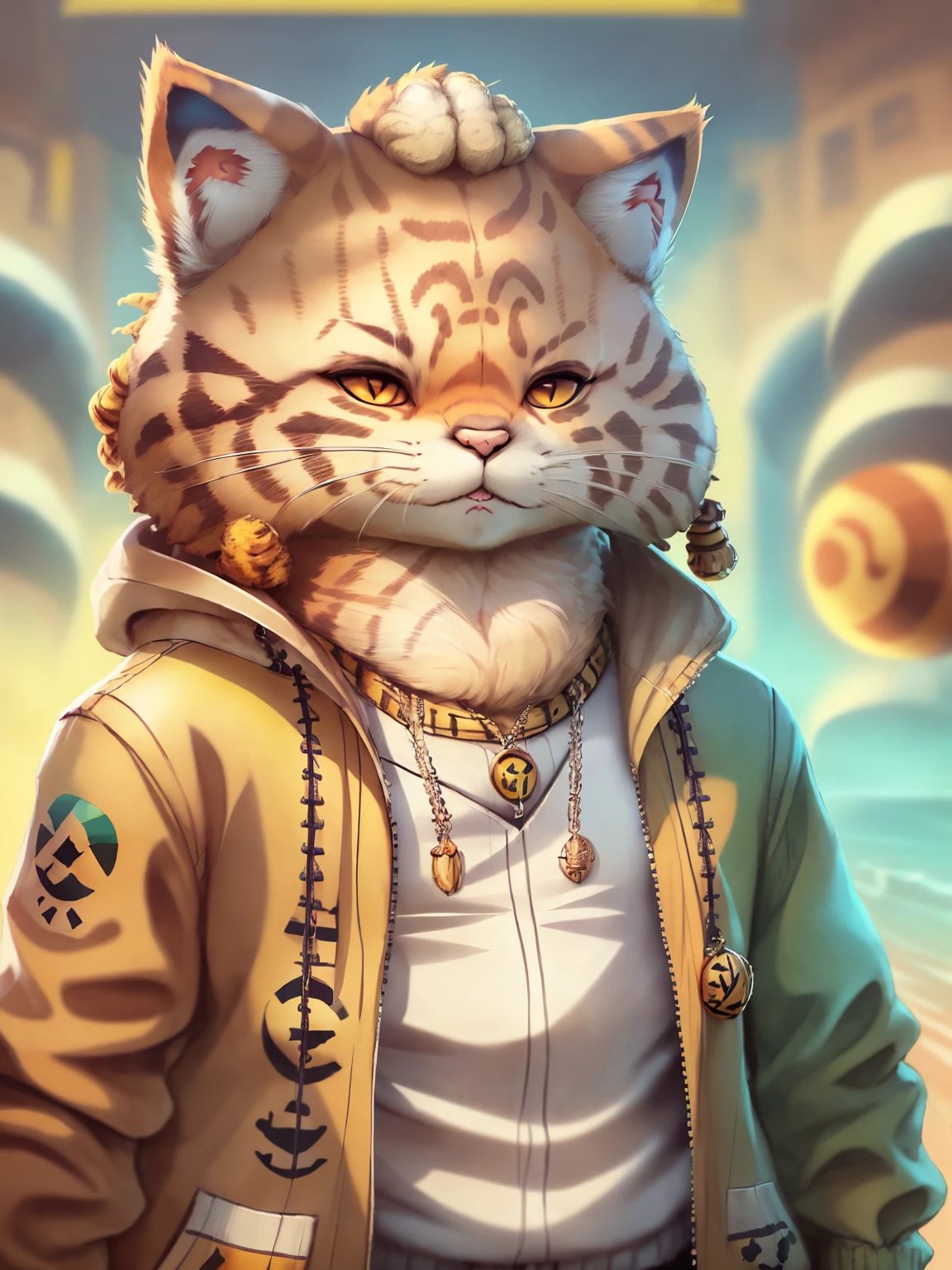 ((imagen de un gato con estilo reggae:1.5)) , art station trend, ((vestido con ropa rastafari:1.5)), Hyper-realistic detailed rendering, ((miembro de una banda de reggae:1.5)), estilo urbano, pose pacifica, planeta de gatos, ropa de colores de la bandera jamaiquina, urbano, maullar, 8 1 5