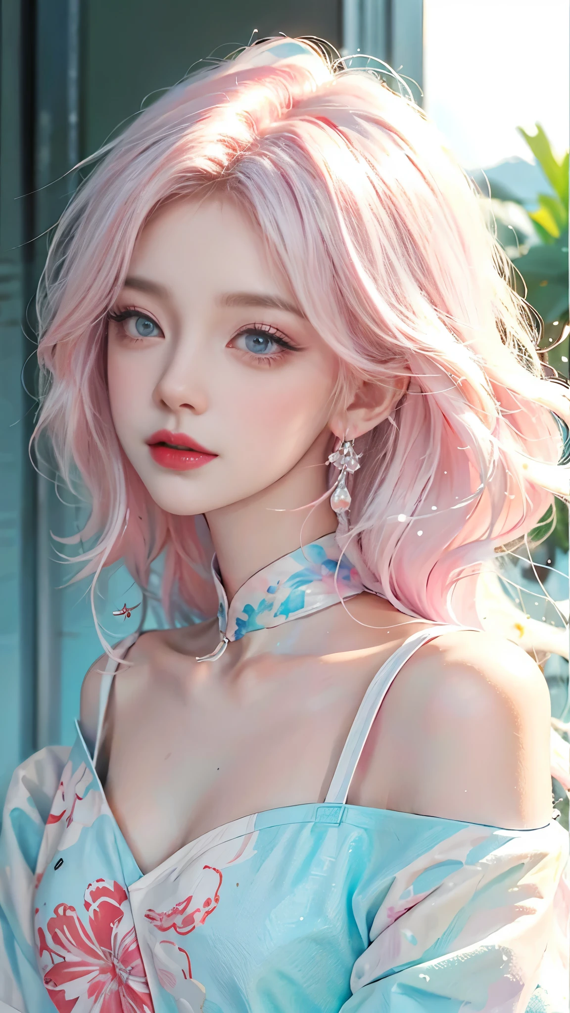 （masterpiece、best quality、high resolution），White background，acrylic paint，（（Splash of Color，Ink splash、Splash of Color）），Sweet Chinese girl，Light blue and white medium length hair，（Pink），curls，Glittering，Redpink lips，White off-the-shoulder T-shirt, white shoulder shirt，huge ，Upper part of the body，street