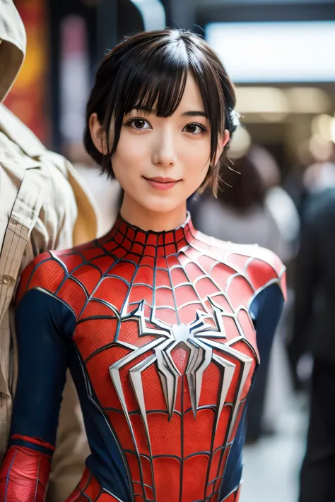 masterpiece, high quality, high resolution, 8k, ((skinny japanese 30s woman in a costume of the movie spider-man)), cute face, n...