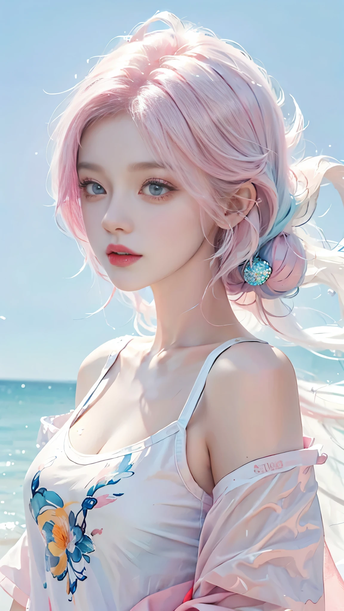 （masterpiece、best quality、high resolution），White background，acrylic paint，（（Splash of Color，Ink splash、Splash of Color）），Sweet Chinese girl，Light blue and white medium length hair，（Pink），curls，Glittering，Redpink lips，White off-the-shoulder T-shirt, white shoulder shirt，huge ，Upper part of the body，street