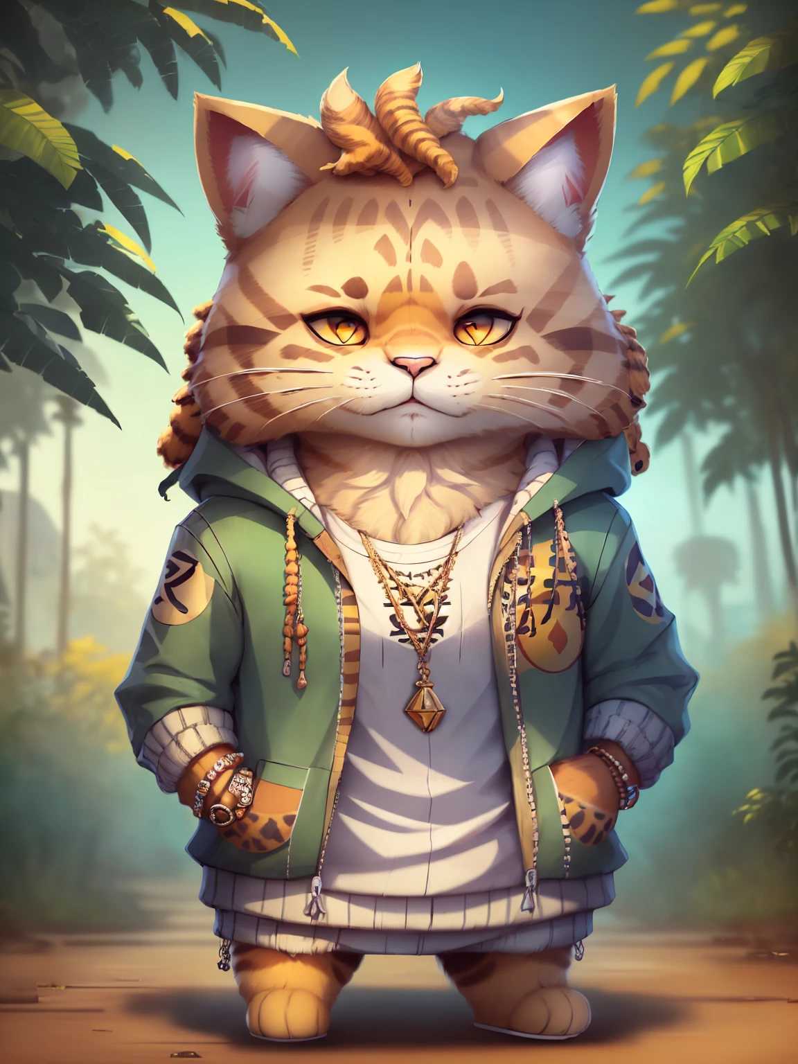 ((imagen de un gato con estilo reggae cabello Rasta:1.5)) , art station trend, ((vestido con ropa rastafari verde, amarillo y rojo :1.5)), Hyper-realistic detailed rendering, ((miembro de una banda de reggae:1.5)), estilo urbano, pose pacifica, planeta de gatos, ropa de colores de la bandera jamaiquina, urbano, maullar, 8 1 5