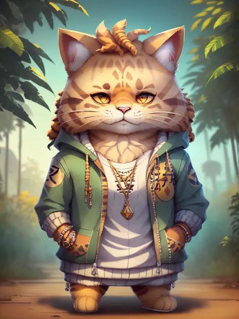 ((imagen de un gato con estilo reggae cabello Rasta:1.5)) , art station trend, ((vestido con ropa rastafari verde, amarillo y ro...