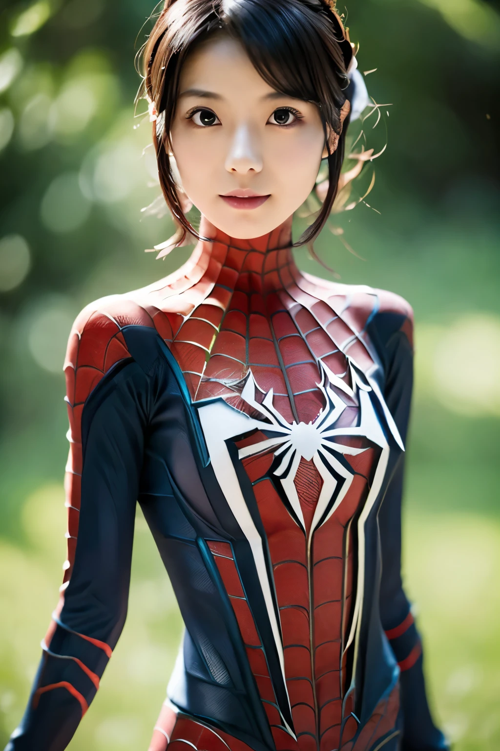 obra maestra, alta calidad, Alta resolución, 8K, ((Delgada japonesa de unos 30 años disfrazada de la película Spider-Man)), cara linda, maquillaje natural, cara detallada, ojos detallados, Una foto que resulta entrañable, (foto de cuerpo completo)