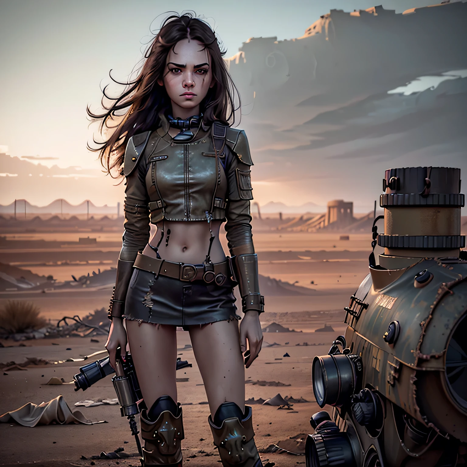 1girl, (solo:1.2), [slim], (small chest), pale skin, ((detailed eyes)), (bokeh effect), (dynamic angle), dynamic pose, (deserted wasteland:1.3), (long hair:1.4), (dark hair:1.4), leather jacket, ripped jeans, high boots, (backpack), (dark and cloudy sky), dirty hair, (wasteland desert:1.4), dirty hair, ((masterpiece)) close up shot, (looking at military binoculars:1.4)