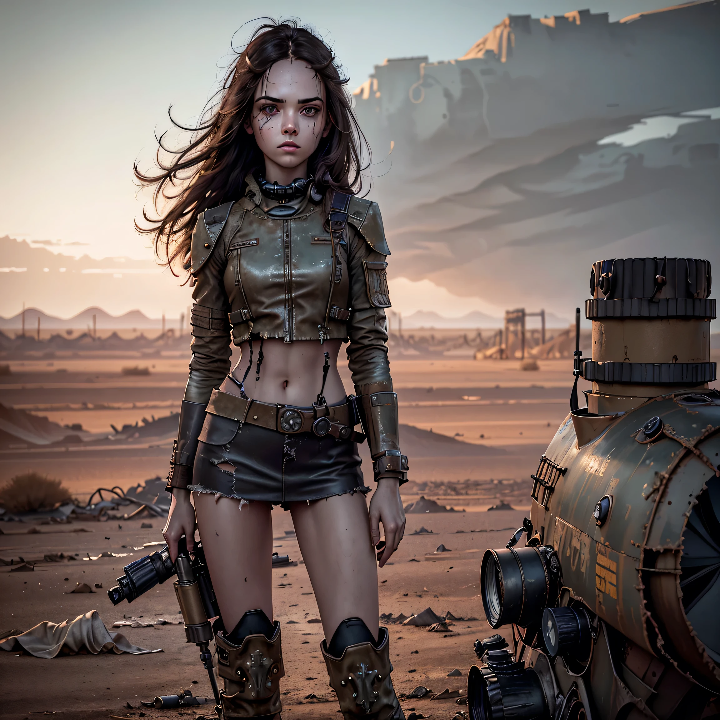 1girl, (solo:1.2), [slim], (small chest), pale skin, ((detailed eyes)), (bokeh effect), (dynamic angle), dynamic pose, (deserted wasteland:1.3), (long hair:1.4), (dark hair:1.4), leather jacket, ripped jeans, high boots, (backpack), (dark and cloudy sky), dirty hair, (wasteland desert:1.4), dirty hair, ((masterpiece)) close up shot, (looking at military binoculars:1.4)