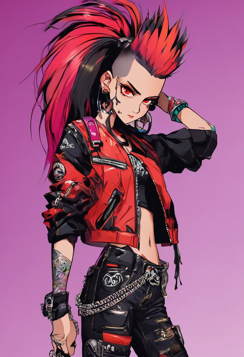 ((whole body, plano general:1.6),punk rebelled, young punk,spiked clothing, ((by mohawk:1.5)), ((action pose:1.5)), revolutionary, punk clothing top leather pants, Masterpiece, High Definition, best 4k image, 8k, highly detailed and expressive eyes, ((vivid colors, red, orange, yellow, cian:1.4)), High Definition