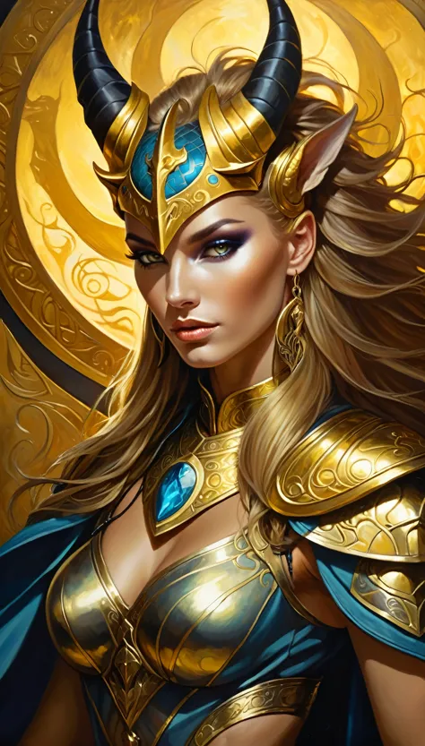 (artist by dorina kostras:1.2),Super Fitness，Raise your hand，Golden-headed creature with horns, Dragon Knight Avatar, mystical a...