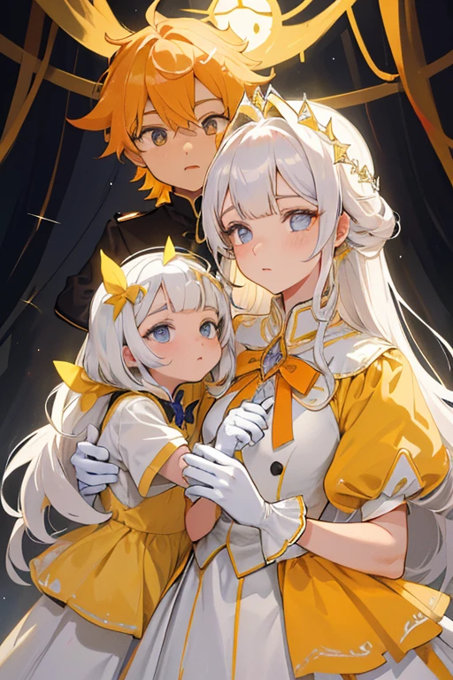 prinz，children's，1boys，Yellow decoration，citrine，Pedras preciosas，starlights，Depicts delicate eyes，Opal eyes，Depict delicate facial features，White uniform，Maximalism，Sophisticated design，White gloves，goth style，Priesthood dress，ribbon，White color hair，extreme hight detail，Delicate depiction，Orange eyes，Except for yellow，All colors are low-saturation，Only yellow is the most conspicuous，royal house，ellegance，glorious，royal robe