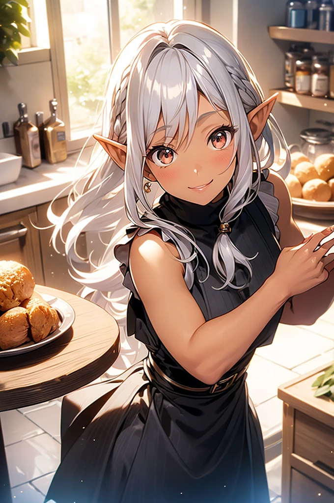 One elf woman, tanned brown skin, beautiful golden eyes, beautiful silver hair, pointed ears, pink lips, upper body description, smiling, lips open, kitchen, turtleneck black sweater, white frills Apron with a , looking up, looking at the viewer, arms outstretched towards the viewer, high resolution