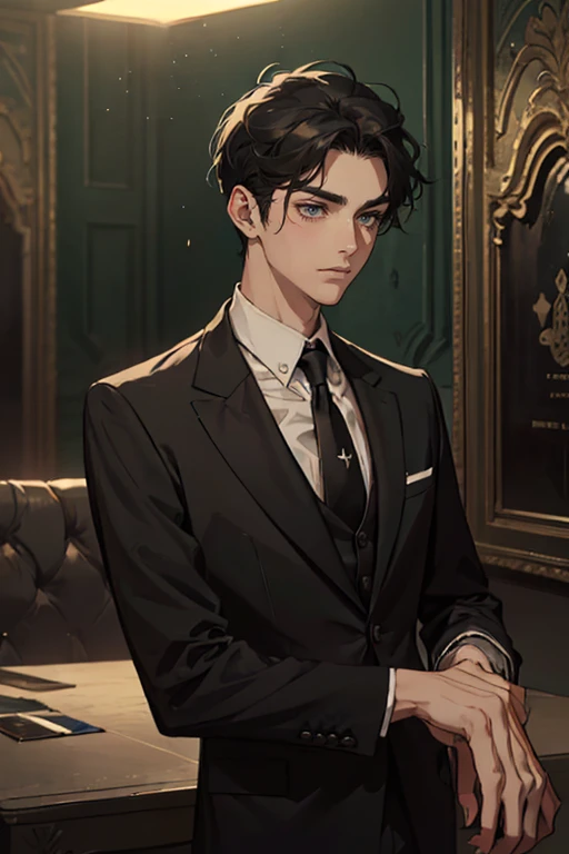 ((One young man with a black suit and tie)), alejandro, (((one side swept dark short neat hair))), ( green eyes and thick eyebrows), ((20 years old)), ((masterpiece)), ((cinematic lighting)), relax look and smirk, waiting for someone