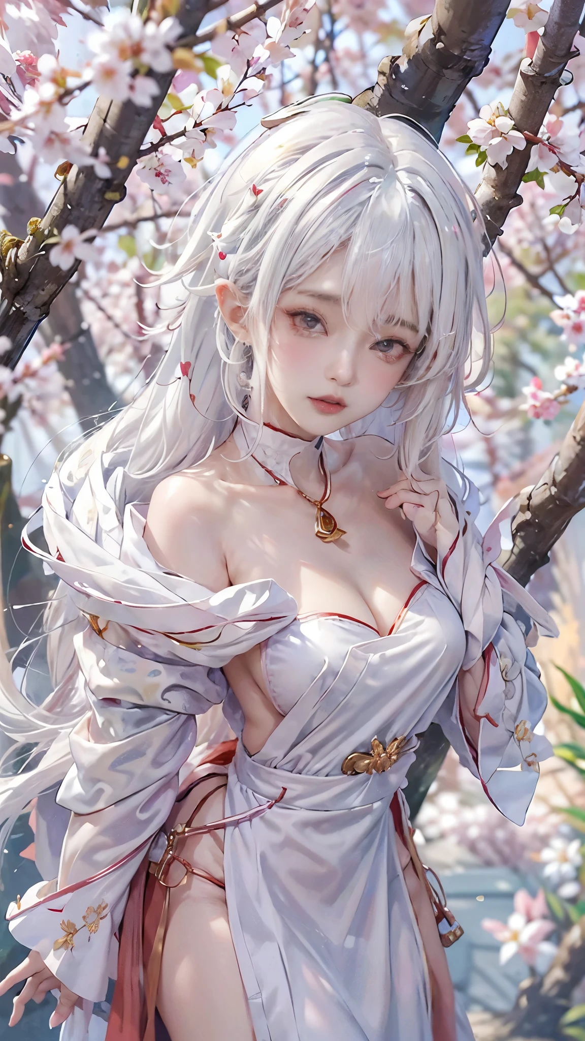 ((Styled white hair:1.5))(美しいMiko costumeを着た巫女:1.3),(Miko costume:Independent long sleeve、Exposing shoulders、I can see her cleavage) Symmetric, (highest quality, Realistic:1.4, RAW Photos:1.2, Cinematic Light, Highly detailed illustration), (1woman:1.3, alone), (Asian 25 year old girl, Very delicate face, Super beautiful face, Very delicate eyes, Highly detailed nose, Very sophisticated mouth, Highly detailed facial features, 輝くskin), woman, (large breasts), skin, Lip gloss, Laughter, Full Body View, High resolution, High resolution, 8k, Masterpiece 2:1,（ Shrines in Kyoto、cherry tree,Scattering cherry blossoms）cleavage cutout,ruanyi0007、CuteGirl
