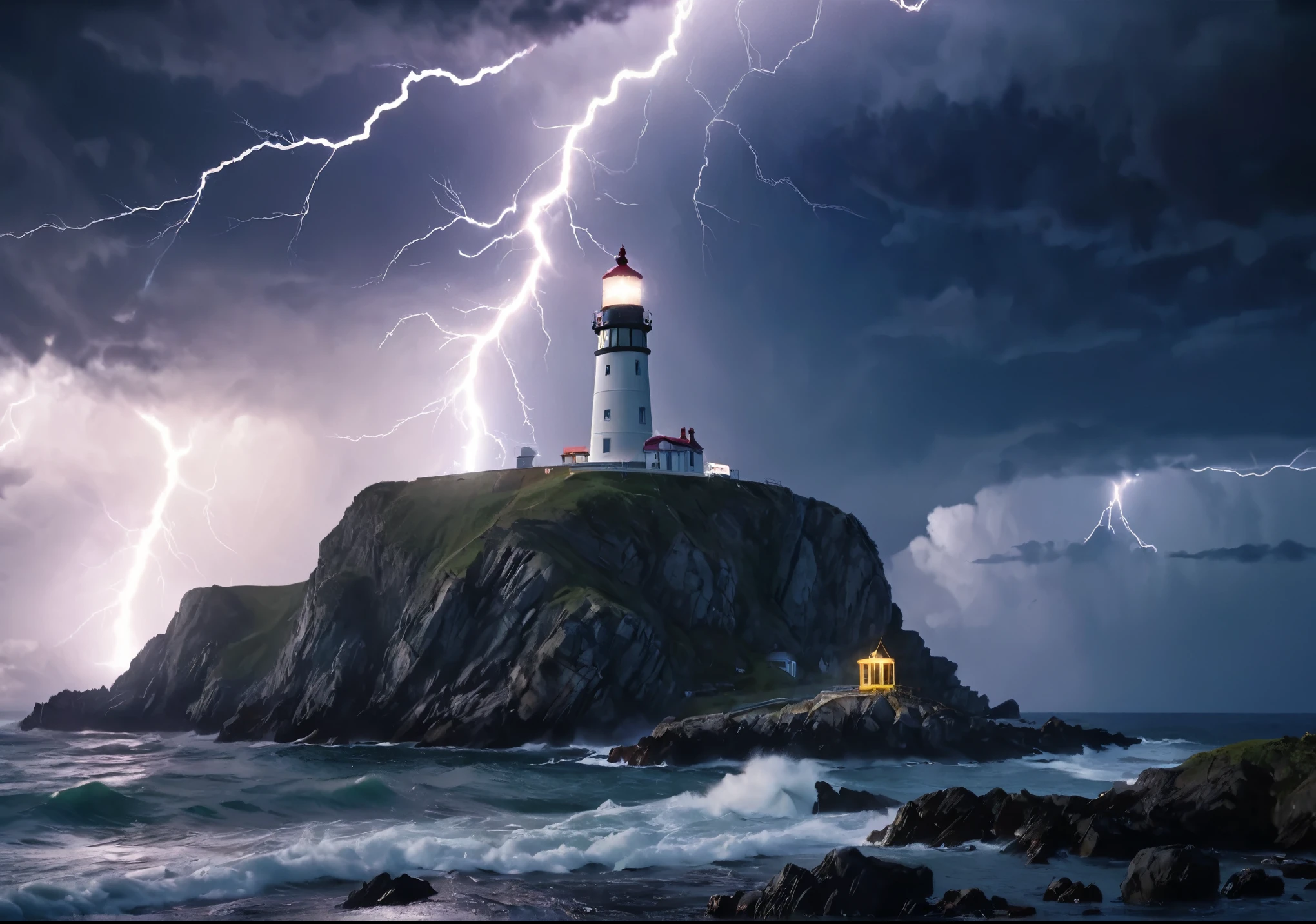 Crystal Cloud, Lightning strikes、Cape Lighthouse, Atmospheric perspective, 8k, Super Detail, Accurate, highest quality, lightning、Sharp images、High color reproducibility、Attention to detail、live-action、Alluring、