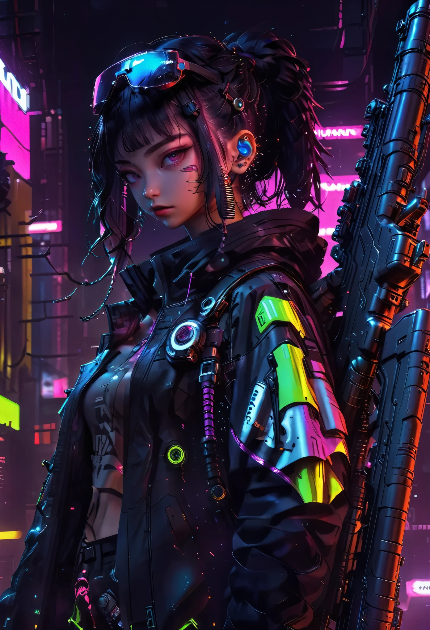 une fille、Art Néon、cyberpunk、bras、pistolet、Lance-roquettes、missile