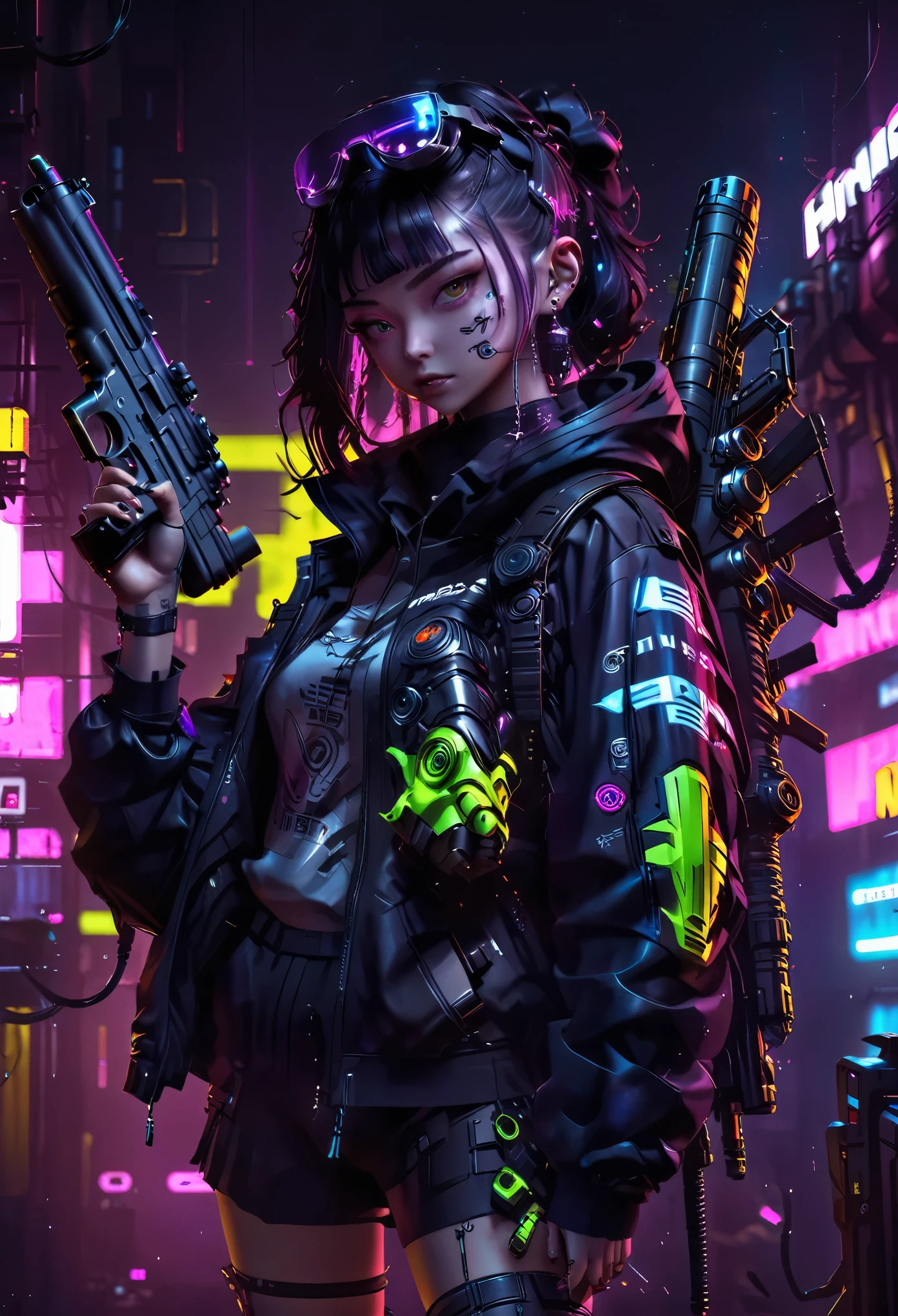 une fille、Art Néon、cyberpunk、bras、pistolet、Lance-roquettes、missile