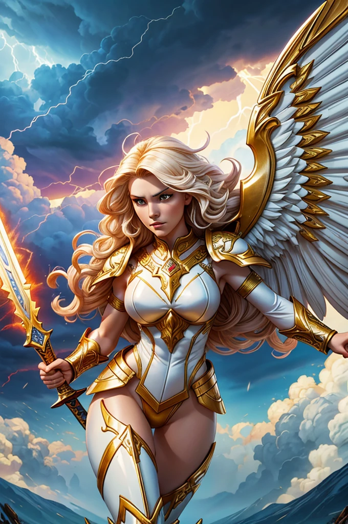 glorious victory scene,vivid colors,beautiful vintage warrior woman with very big white open wings,beautiful angry face,curly long hair,wielding 1 sword in defense position, white armor with gold embroid details, dynamic pose, storm sky and lightning clouds background