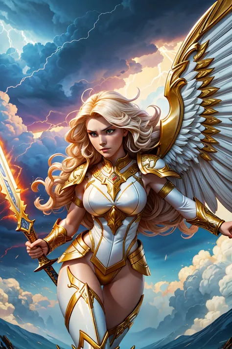 glorious victory scene,vivid colors,beautiful vintage warrior woman with very big white open wings,beautiful angry face,curly lo...