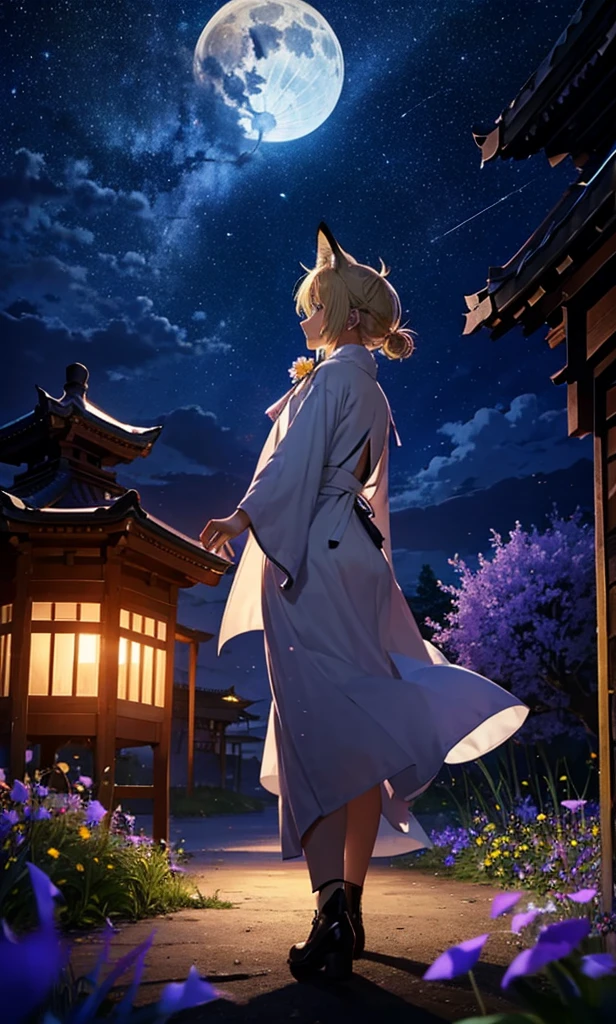 １people々々々々々々々々々々々々々々々々々々,Woman with medium length blonde hair，Fox Ears，Long coat，Takageta， Dress Silhouette， Rear View，Space Sky, Flower Field，Colorful flowers，Dancing Petals，full moon，shrine，