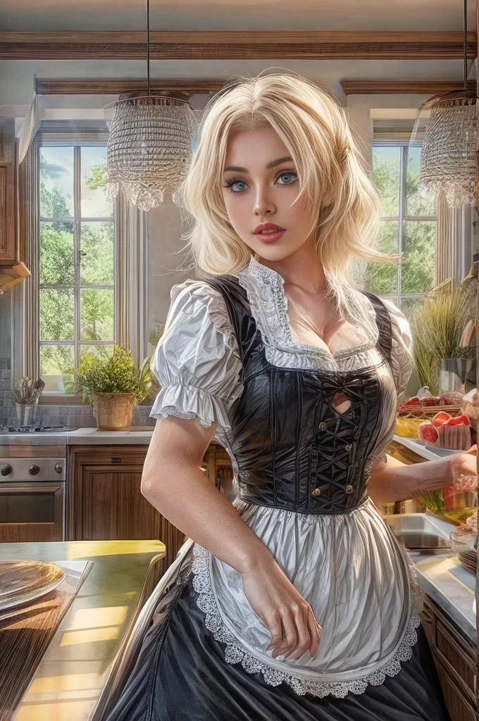 S&#39;IL VOUS PLAÎT corriger l&#39;image, retirer, mignon blond allemand femme de chambre photographie du corps entier,  photoréaliste moderne, à la manière de ,  Artstation Deviant art Pinterest Cgsociety Behance Pixiv,  lumière du soleil, ((tenue de femme de chambre victorienne)), Énorme , clivage, collants épais, cuisine Fond, Jeune visage, peau lisse et pâle, (Coupe de cheveux Marylin Monroe), yeux bleus,  Décors complexes Post-traitement HDR 4k cinématique détails fins tendances très détaillées sur ArtStation