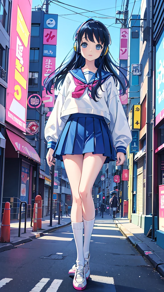 90s City Pop Art、City pop style、sketch style、lofi girl、Beautiful high school girl、8 headodel、Navy blue sailor uniform、White sweater、mini skirt、Knee-high socks、Walking around Harajuku、Headphones 1.2、Listening to music、big eye、whole body、1 person、Cowboy Shot