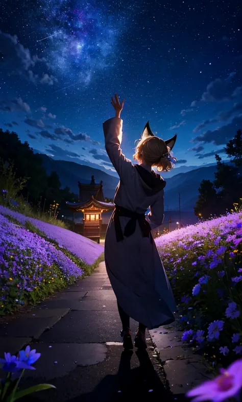 １people々々々々々々々々々々々々々々々々々々々,woman with medium length blonde hair，fox ears，long coat，takageta， dress silhouette， rear view，space s...