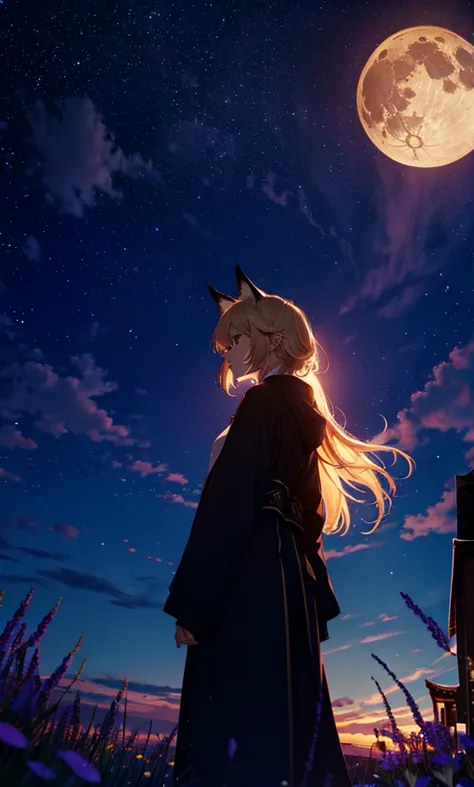 １people々々々々々々々々々々々々々々々々々々々,woman with medium length blonde hair，fox ears，long coat，takageta， dress silhouette， rear view，space s...